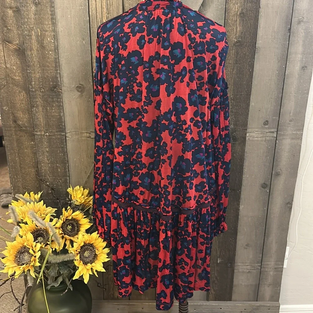 Free People Boho Peasant Mini Dress Red Blue Sheer Festival Size Small